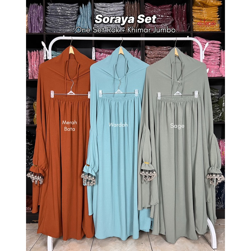(Bergo+Rok) Soraya One Set Syari, Hijab Setelan Rok Crinkle Airflow Premium Mukena Oneset Haji Umroh