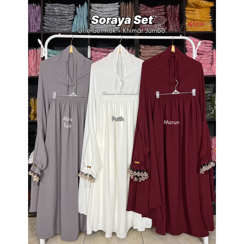 (Bergo+Rok) Soraya One Set Syari, Hijab Setelan Rok Crinkle Airflow Premium Mukena Oneset Haji Umroh
