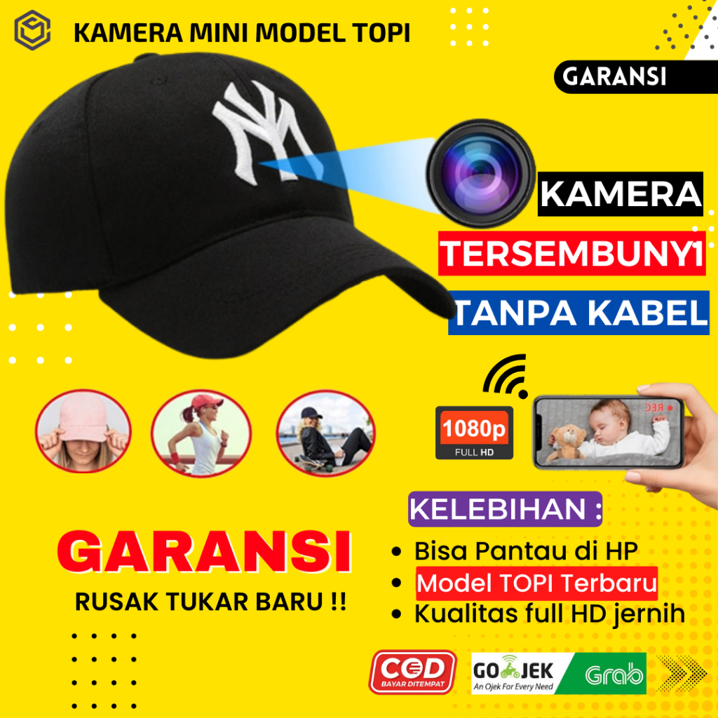 KAMERA MINI TERSEMBUNYI TANPA KABEL CAMERA CCTV MINI SAMBUNG KE HP JARAK JAUH SPY CAM TOPI HIDDEN CAMERA JS07