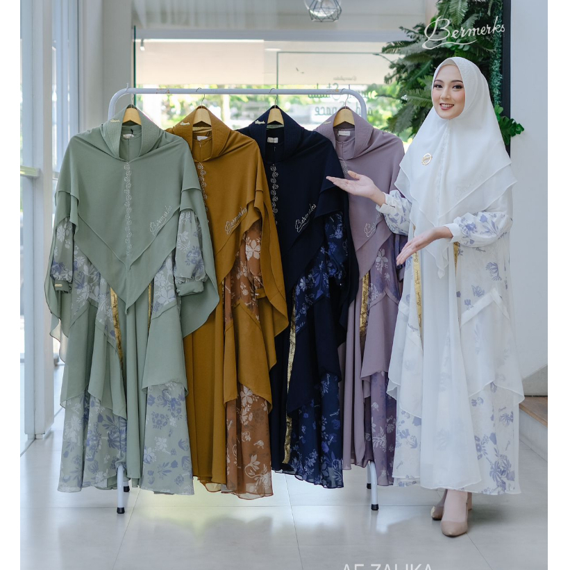Gamis set khimar Ceruty babydoll Afifah Lolita Salma Zalika Ori Bermerks motif bunga printing syari full puring Seruti ultimate Ceruti polos