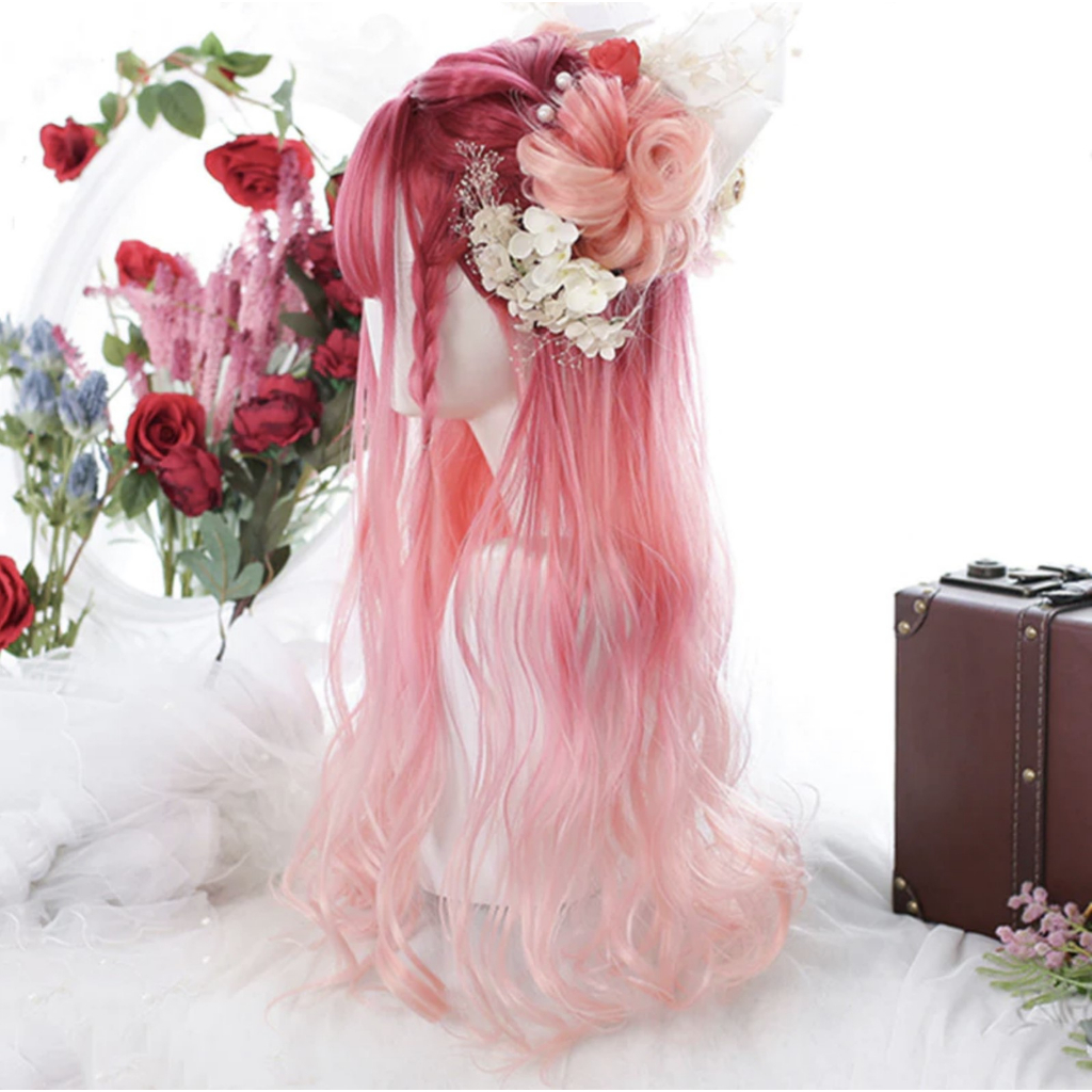 LOL-17 wig rambut palsu lolita cosplay harajuku daily kpop idol merah gradasi pink rose