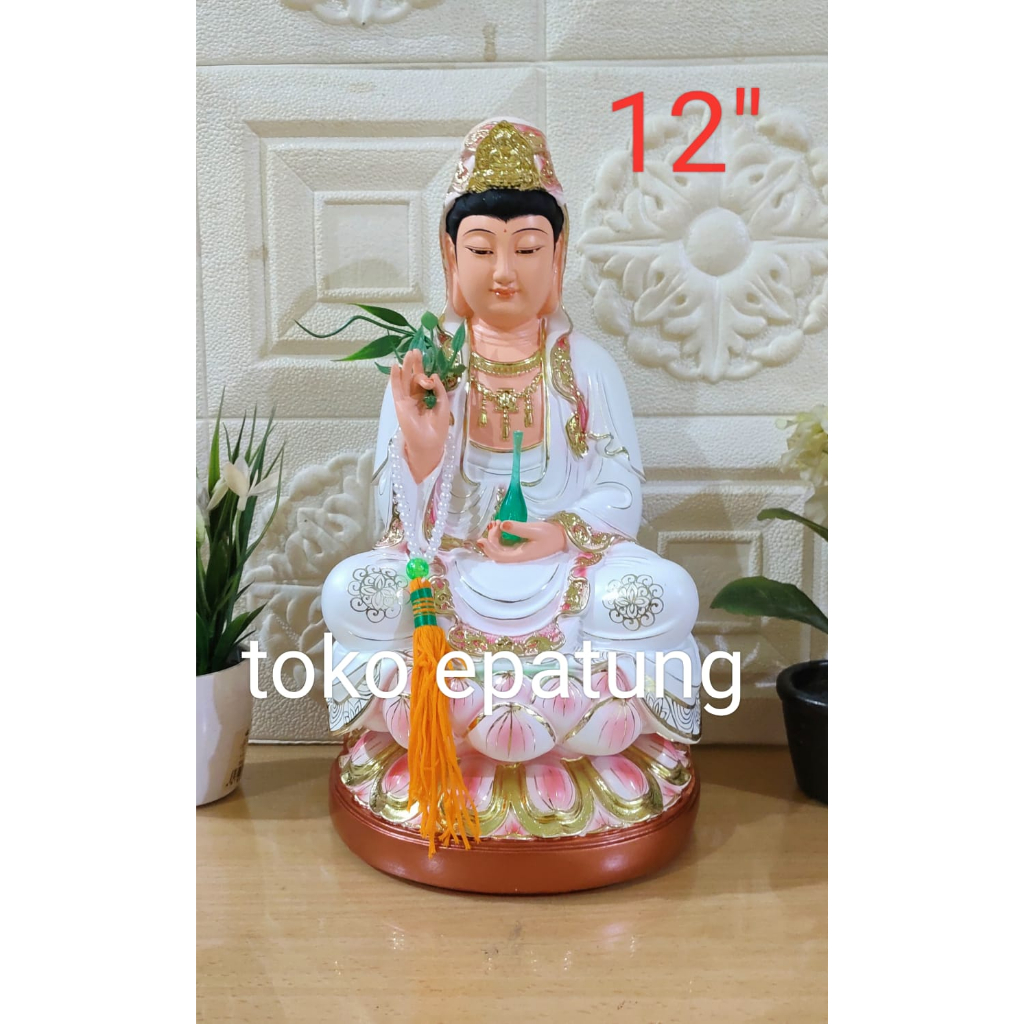 patung dewi kwan im / guan yin / kwan in putih 12 inch - fiber