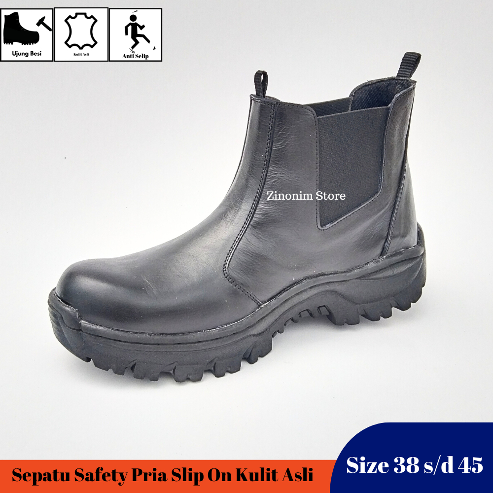 Sepatu Safety Kulit Asli Original Safety Shoes Ujung Besi Slip On Hitam Sepatu Kerja Tanpa Tali Ukuran 38 39 40 41 42 43 44 45