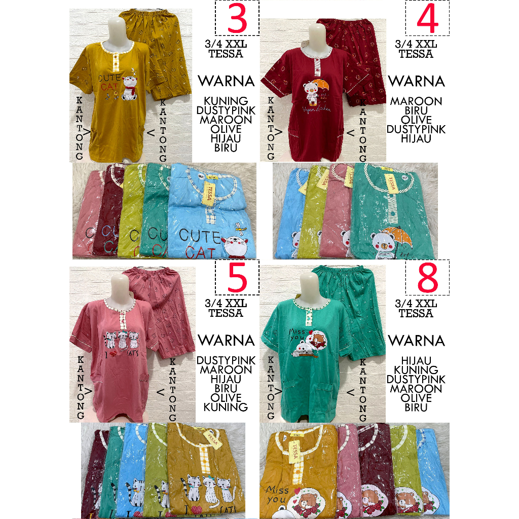 Babydoll 3/4 Jumbo XXL TESSA KULOT Celana Pendek Lengan Pendek Piyama Baju Tidur Wanita Dewasa