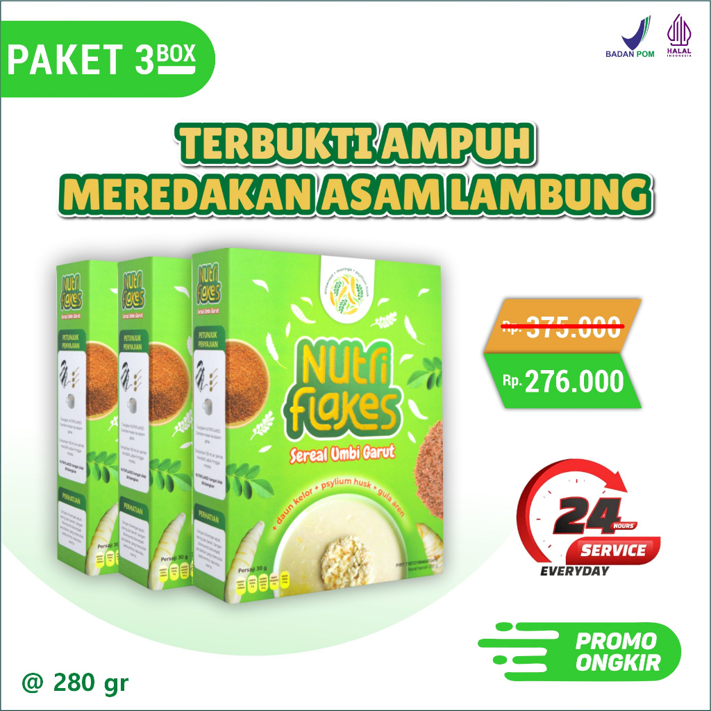

NUTRIFLAKES PAKET SEMBUH 3 BOX- Sereal Alami Tanpa Efek Samping-100% Original- Mengatasi Asam Lambung GERD Maag Kronis- Sereal Sehat Pati Umbi Garut Daun Kelor Psylium Husk dengan Tambahan Gula Aren dan Susu Ettawa