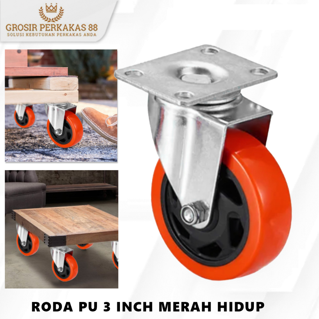 Roda Troli Gerobak Meja Etalase Lemari Ban Caster Merah PU Double Bearing 3 Inch Hidup