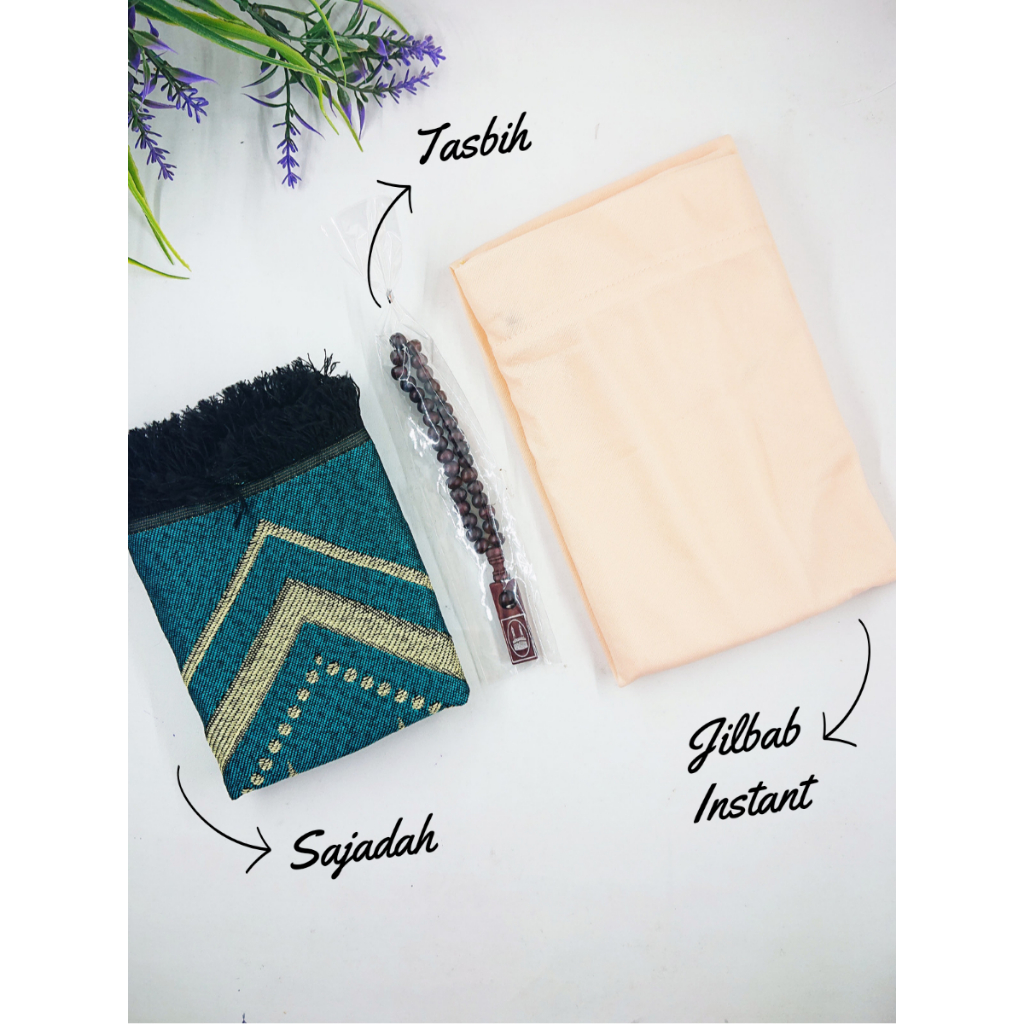 PAKET SOUVENIR K OLEH OLEH - Tasbih Kayu, Sajadah dan Jilbab Instant