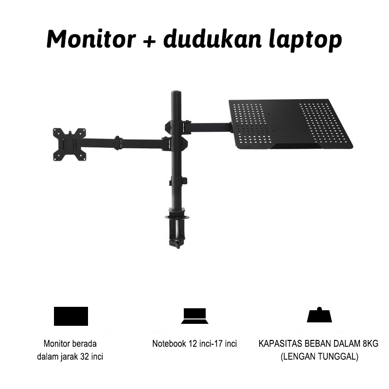 Bracket Monitor Dual Arm Monitor &amp; Laptop Stand Double Stand Mount Desk Breket - Hitam