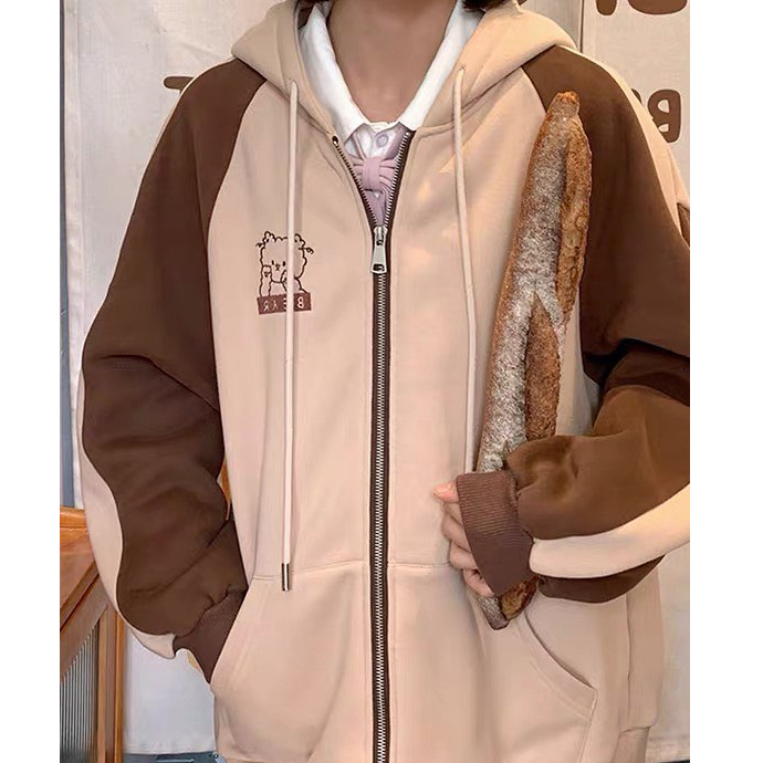 Hoodie Zipper BearCurly Bordir Oversize Jaket Kombinasi Jacket Wanita Oversize Korean Cute Style Terbaru