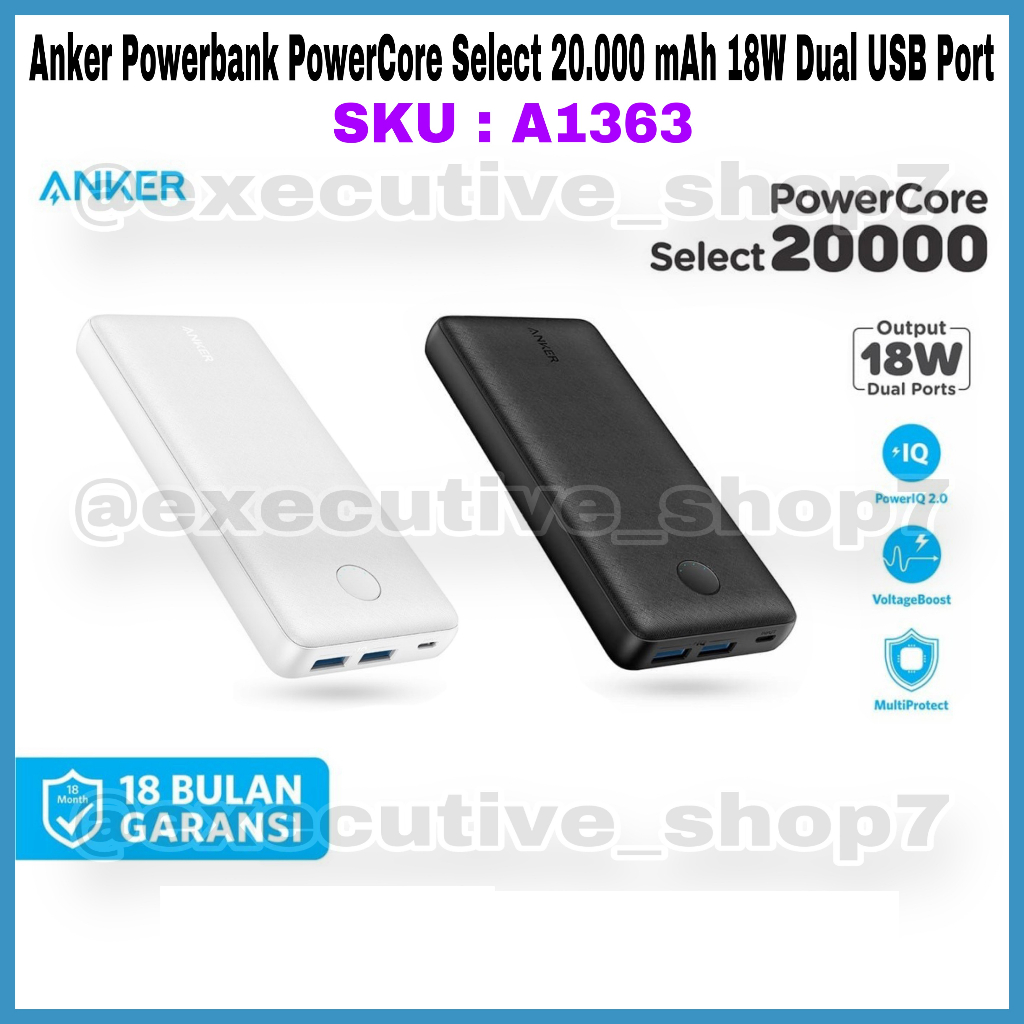 Anker Powerbank PowerCore Select 20.000 mAh 18W Dual USB Port - SKU A1363 - Garansi Resmi 18 Bulan