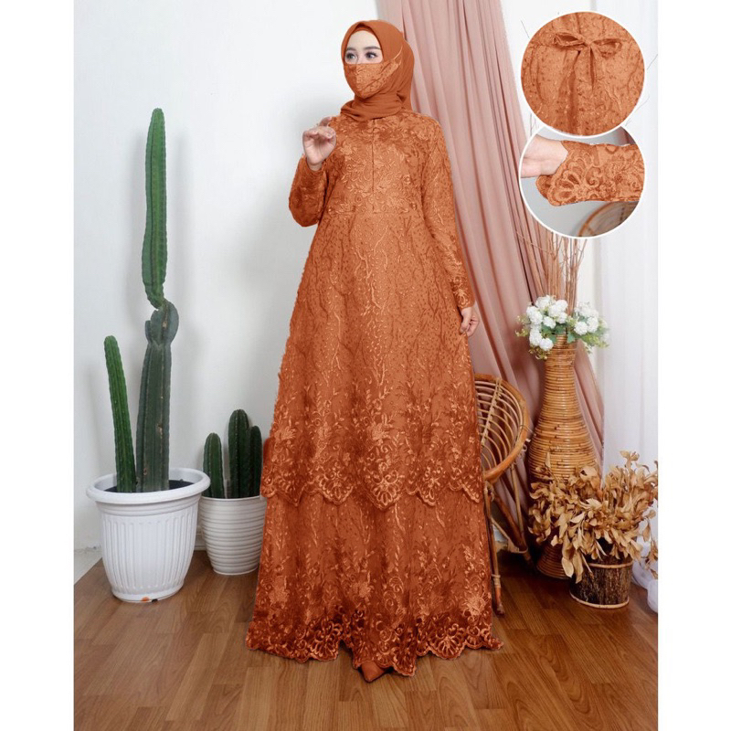 Davira (New Product)Dress Susun Full Brukat Free Masker/Busui Friendly / Gamis Pesta Kondangan/Bridesmaid/Tille Mewah