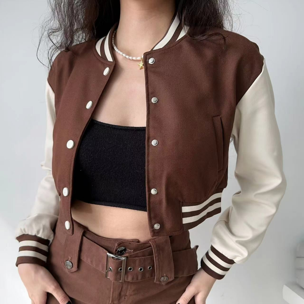 Jaket Baseball Crop Wanita Vintage Jacket Kekinian Dress Korean Style Jaket Wanita