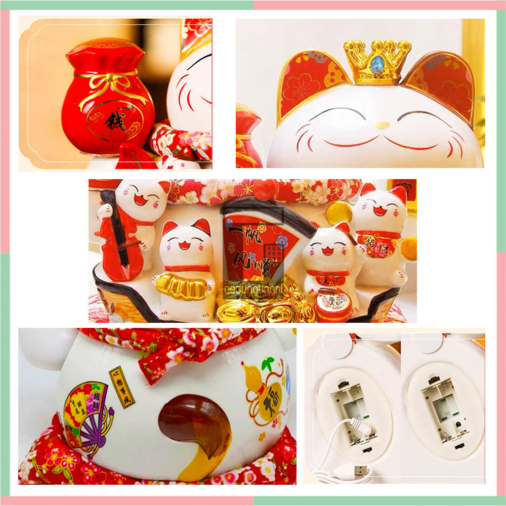 Patung Pajangan Hiasan Boneka Dekorasi Kucing Bawa Panggil Rejeki Rezeki Hoki Maneki Neko Maneko Neki ManekiNeko Lucky Cat Keberuntungan Keramik Baterai Batrai Batre Listrik Tangan Goyang Gerak Meja Etalase Toko Resto Cafe Cina China Jepang Jumbo XL Putih