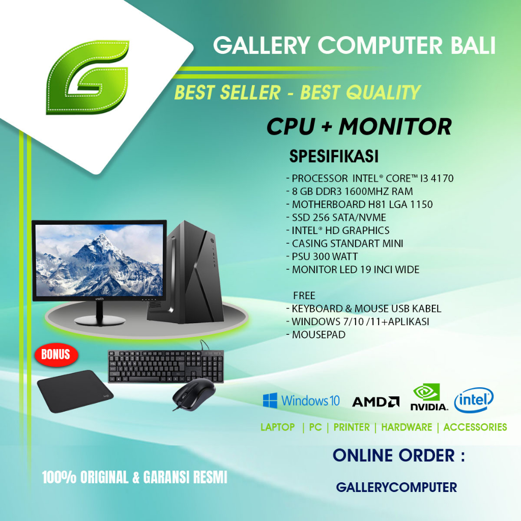 ( cpu dan monitor ) komputer rakitan intel core i3gen 4 paket led 19