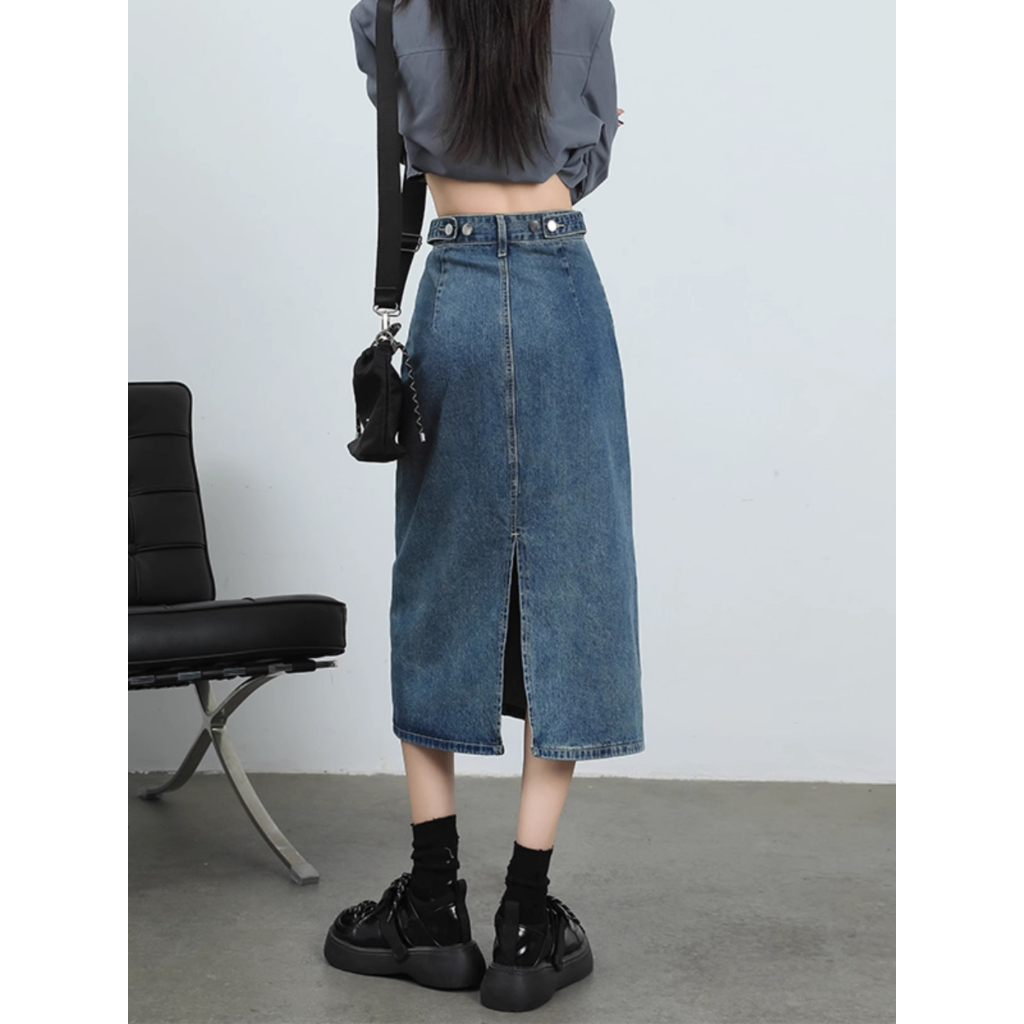 Denim Rok Wanita Pinggang Tinggi Serbaguna Is Thin -Line Loose Mid Slong Skirt