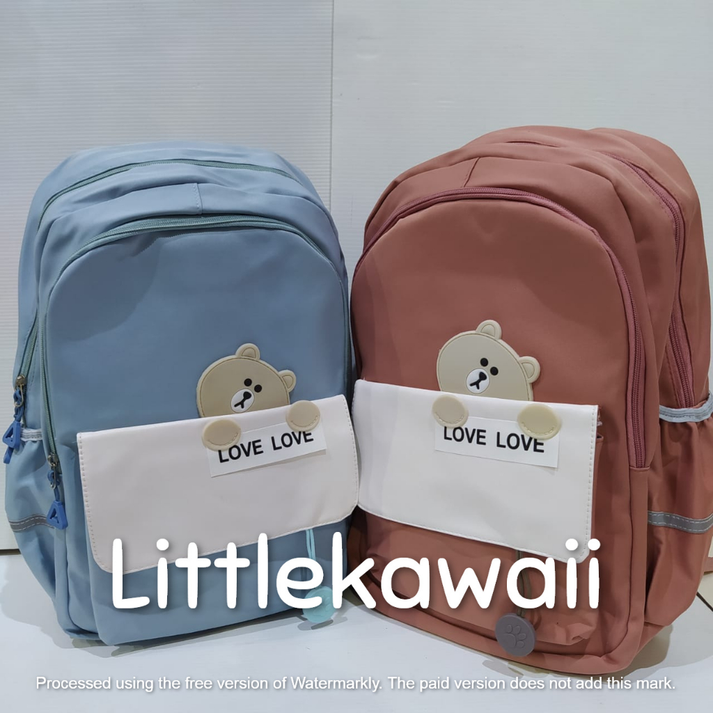 LK/Tas Ransel Laptop Backpack Parasut Sekolah Fashion Korean Style Anak Remaja Dewasa Sleep Bear Love Kantong Depan Import