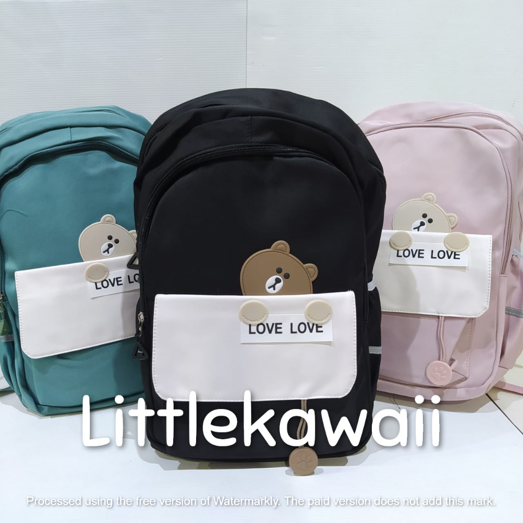 LK/Tas Ransel Laptop Backpack Parasut Sekolah Fashion Korean Style Anak Remaja Dewasa Sleep Bear Love Kantong Depan Import