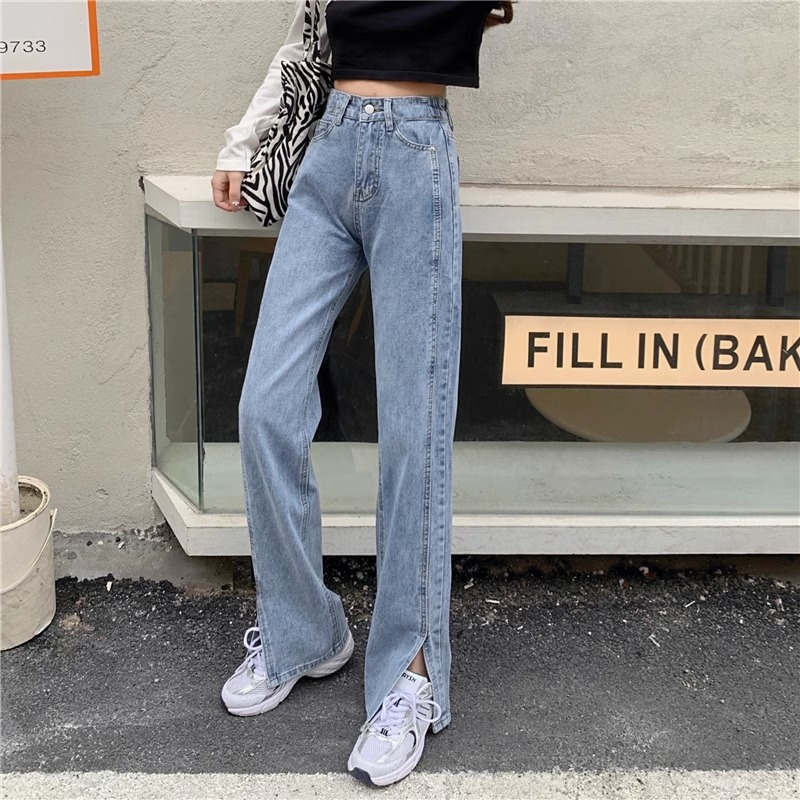 Belahan Highwaist Straight Celana Jeans Wanita Ukuran jumbo