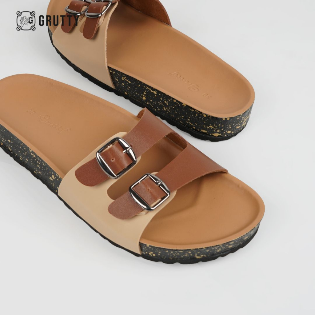 GRUTTY Trella Sandal Wanita Flat Two Tone Series Sendal Kekinian Super Comfy Cream Kombinasi