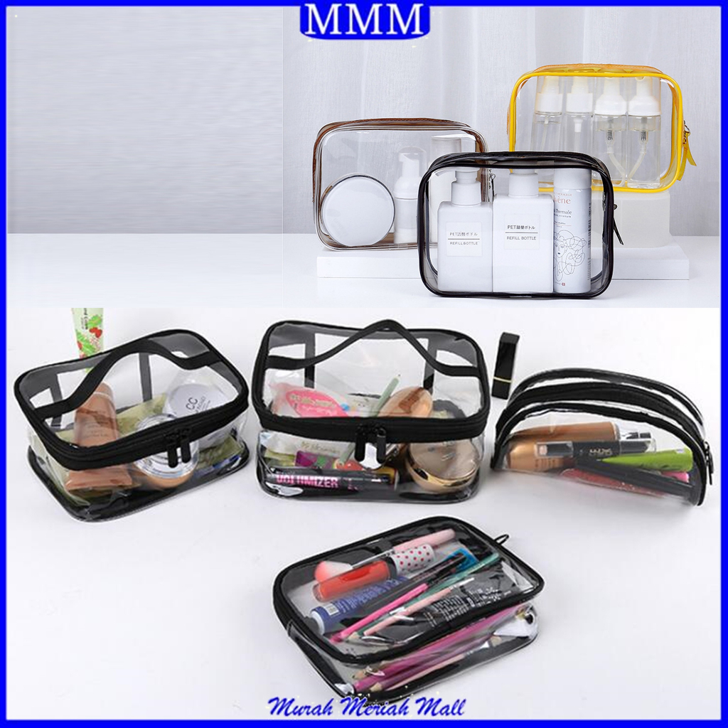 MMM Tas Kosmetik Transparant Pouch Travel Make Up Bag Organizer Transparan Kotak Penyimpanan Resleting Atas Skincare Bahan Mika Dompet Kosmetik Toiletry Waterproof Import Murah