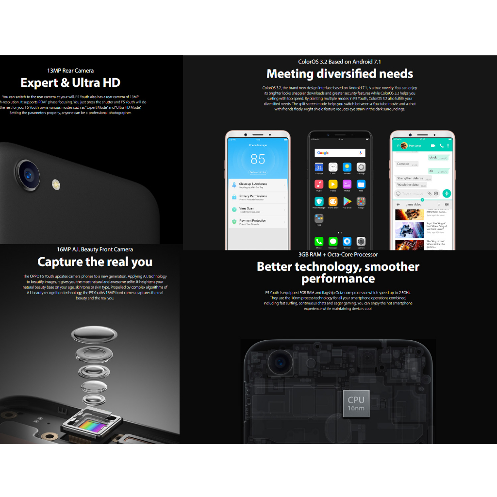 OPPO F5 Gold RAM 6/128GB GARANSI TOKO 1 TAHUN ORIGINAL BARU HANDPHONE Dengan 6.0inches Ukuran layar Dengan Kapasitas baterai 3200mAh