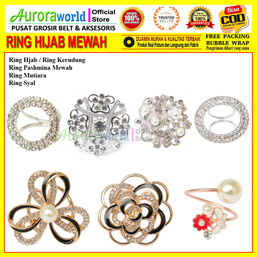 Auroraworld Ring kerudung hijab bros ring syal permata Ring Pashmina Berlian mutiara Mewah bros cincin kerudung scarf fashion terbaru anti hitam