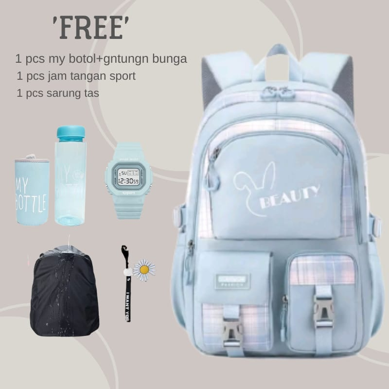 COD Tas Ransel Anak Perempuan Free Botol Minum Mantel Tas Jam Tangan Sport Plus Gantungan Bunga Tas Ransel SMP/SMA Terbaru Beauty Kapasitas Besar