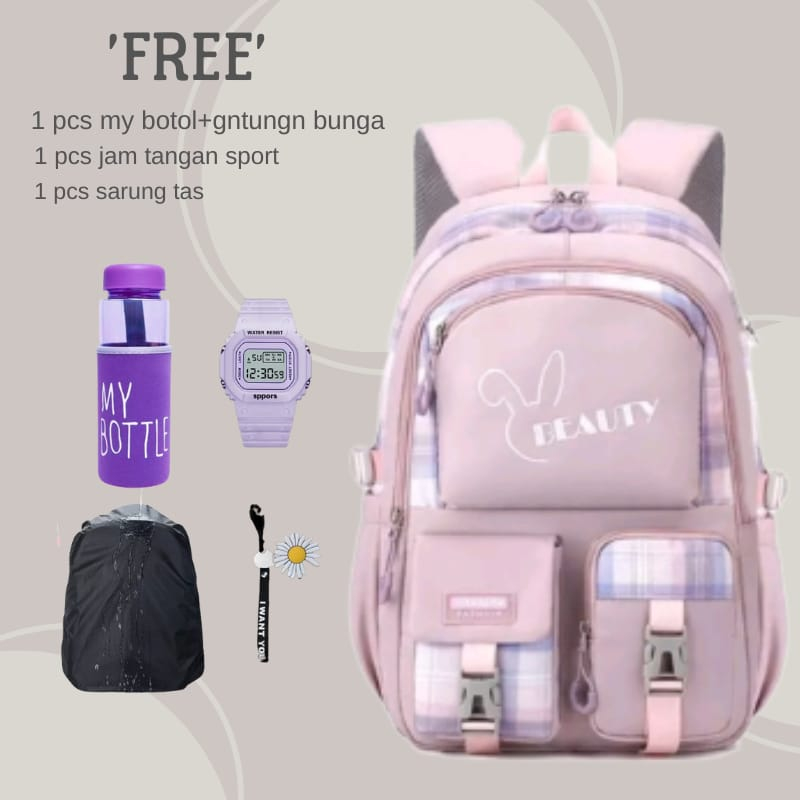 COD Tas Ransel Anak Perempuan Free Botol Minum Mantel Tas Jam Tangan Sport Plus Gantungan Bunga Tas Ransel SMP/SMA Terbaru Beauty Kapasitas Besar