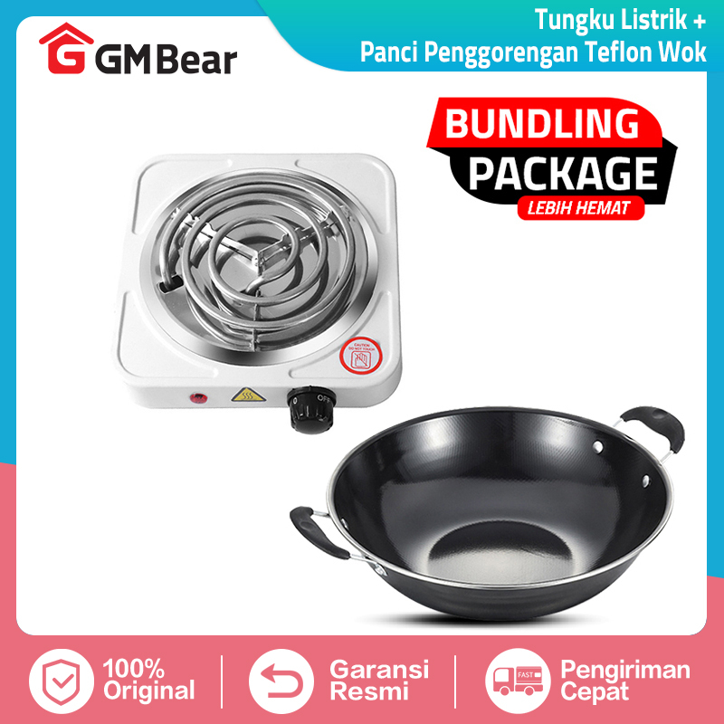 GM Bear Bundle Hemat Kompor Listrik 1573 + Wajan Kuali 30cm 1070 - Package Alat Masak