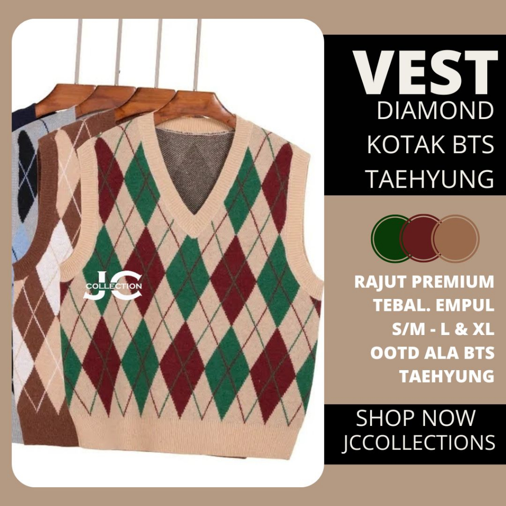 Vest Rajut Premium Sido Import / Knit Vest Vneck Rompi Rajut Diamond Taehyung Mocca / Rompi Kotak Rajut JCCollections