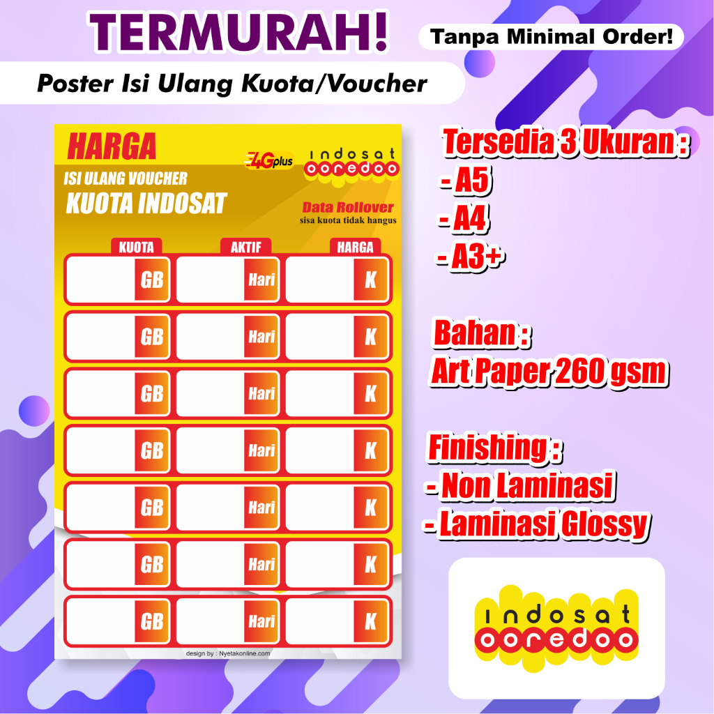 Poster Konter Daftar Harga Paket Data / Voucher /poster paket data konter / Daftar Harga Voucher Mur