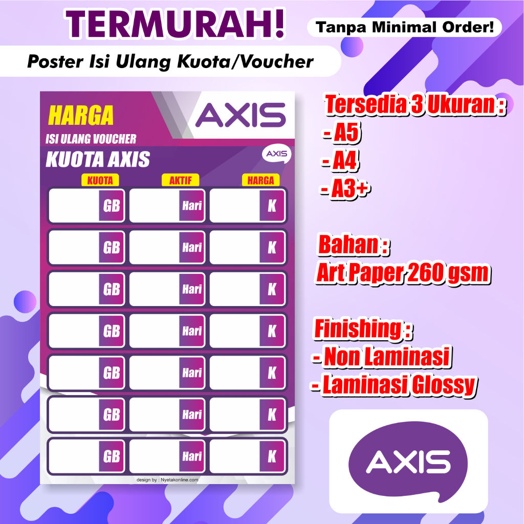 Poster Konter Daftar Harga Paket Data / Voucher /poster paket data konter / Daftar Harga Voucher Mur