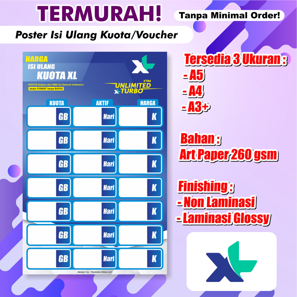 Poster Konter Daftar Harga Paket Data / Voucher /poster paket data konter / Daftar Harga Voucher Mur