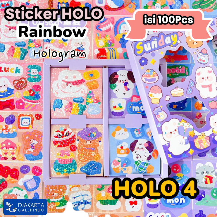 Sticker MOMO Hologram Glitter Rainbow Mix Warna Original waterproof Stiker Kartun Korea Anti Air Original isi 100pcs