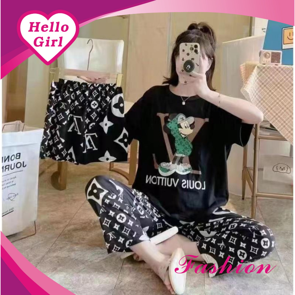 (Hello Girl)SY06 Set Piyama  Baju Tidur Wanita 3IN1 Motif Kartun Gaya Korea  Import