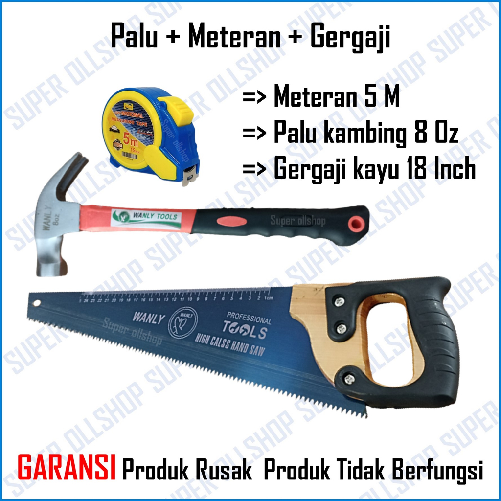 Paket Alat Tukang Palu Kambing Gerigi Magnet Fiber 8 Oz Gergaji Kayu Termurah Meteran Auto Stop 5 Meter