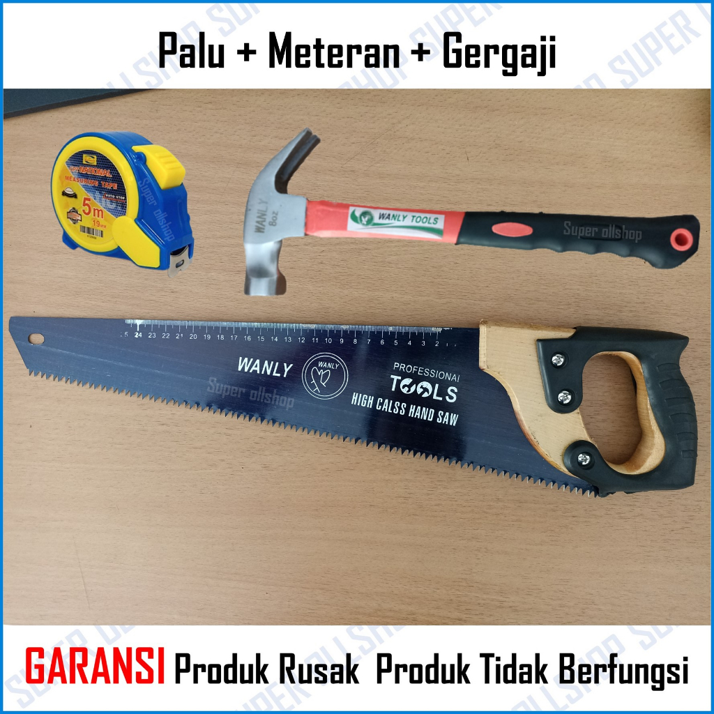 Paket Alat Tukang Palu Kambing Gerigi Magnet Fiber 8 Oz Gergaji Kayu Termurah Meteran Auto Stop 5 Meter