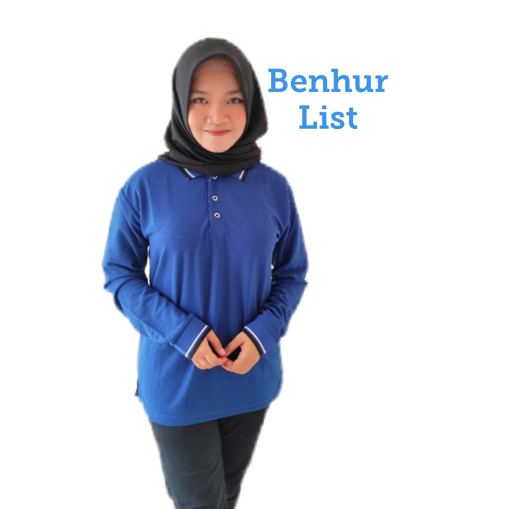 Kaos Kerah Panjang Wanita FO LIST warna Biru Benhur - Kaos Kerah Polos LIST Lengan Panjang Perempuan