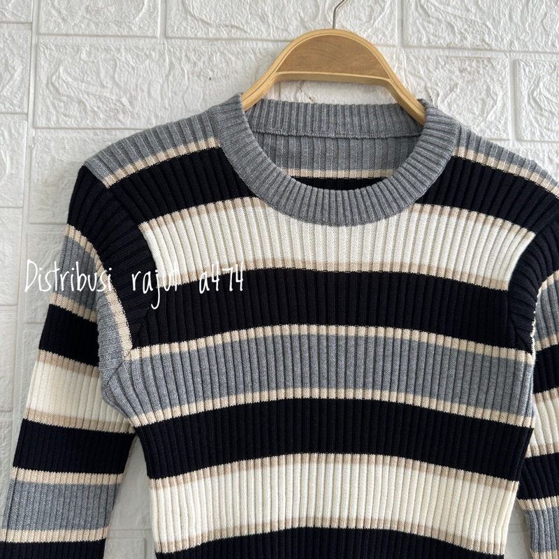 INNER KNIT COTTON SWETER RAJUT STRIPE WANITA