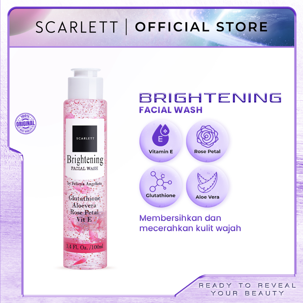 Scarlett Whitening BRIGHTENING Facial Wash - Sabun Cuci Muka Clean and Clear untuk Mencerahkan Melembabkan &amp; Memudarkan Noda Hitam di Kulit Wajah tanpa Bikin Kulit Ketarik || Kombinasi Glutathione Vitamin E &amp; Aloe Vera PH 5,5 sebagai Pemutih Wajah