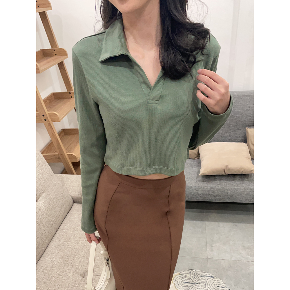 Kadaka T-0507 Crop Polo Shirt Cotton Knit Long Sleeves Wanita