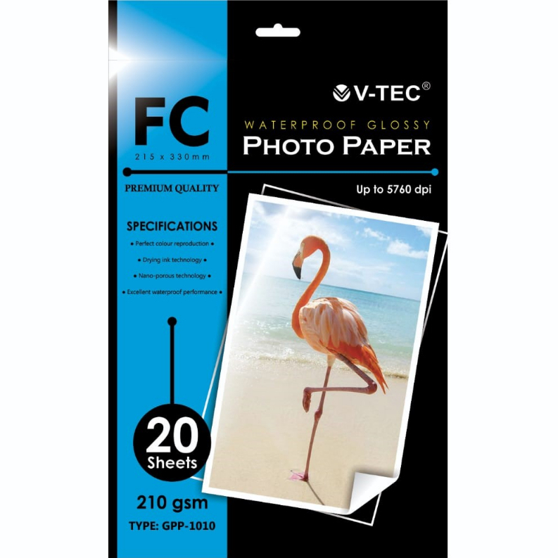 (1 PACK = 20 LMBR) Kertas Glossy Photo Paper Vtec FOLIO F4 210 gsm / Kertas Foto / Kertas Photo V-Te