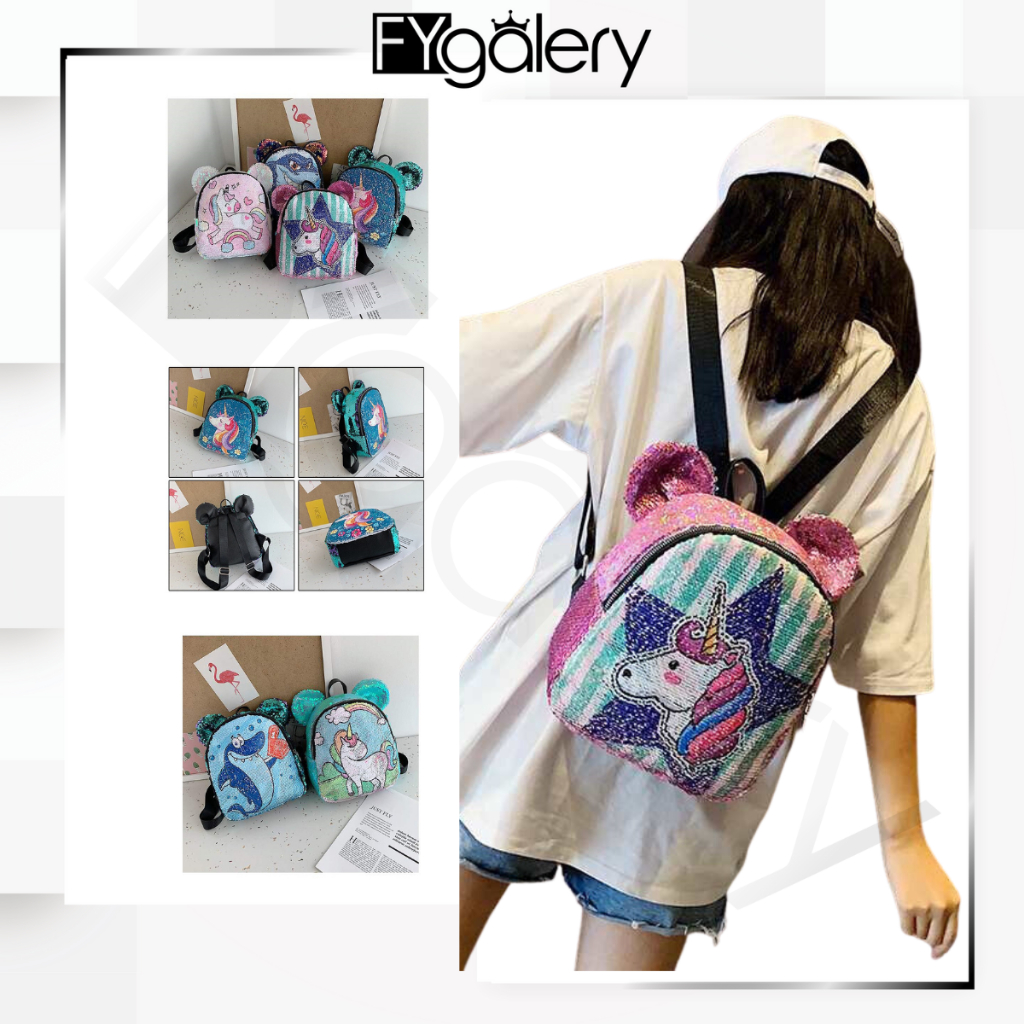 FYGALERY FYG1400 Tas Ransel Anak Sequin Glitter Karakter Unicorn Telinga Beruang Murah