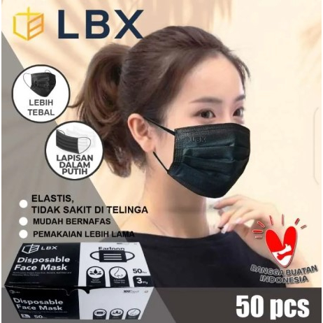 Masker LBX Premium Earloop 3Ply 3 ply Tebal Cantol Hitam Black isi 50