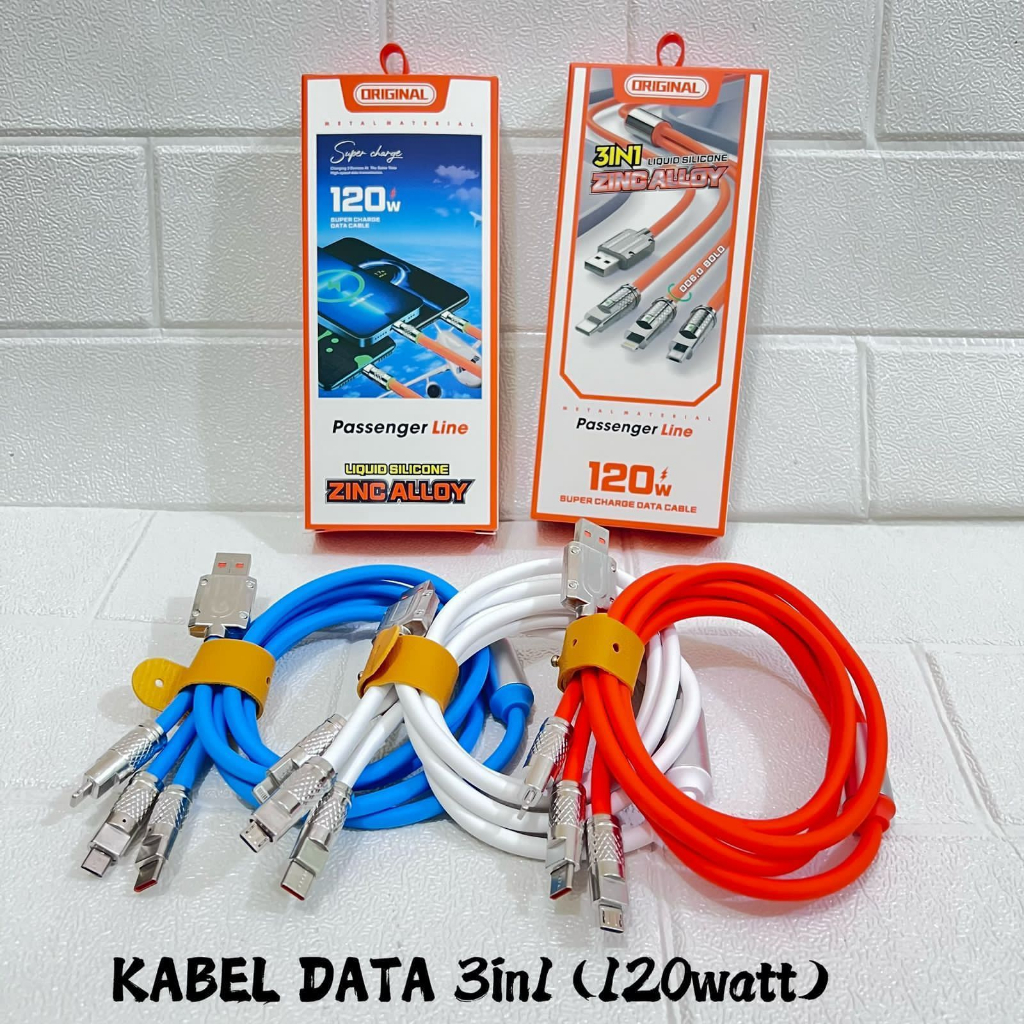 Kabel 120W 6A 3in1 Fast Charging Type C Untuk Charger Telepon Kabel Charge micro USB Tipe-C iphone