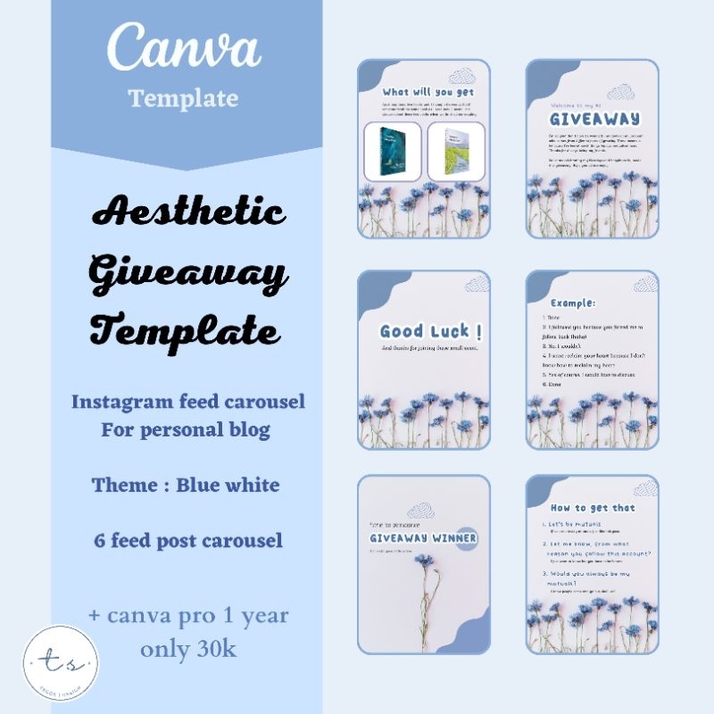 (6 feed) Aesthetic Blue White Giveaway Carousel Template Instagram
