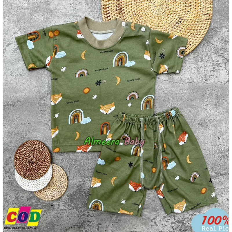 Setelan Baju Bayi Piyama Lengan Pendek Kancing Pundak Motif Printing Pelangi Usia 3-12 Bulan Almeera Baby and Kids