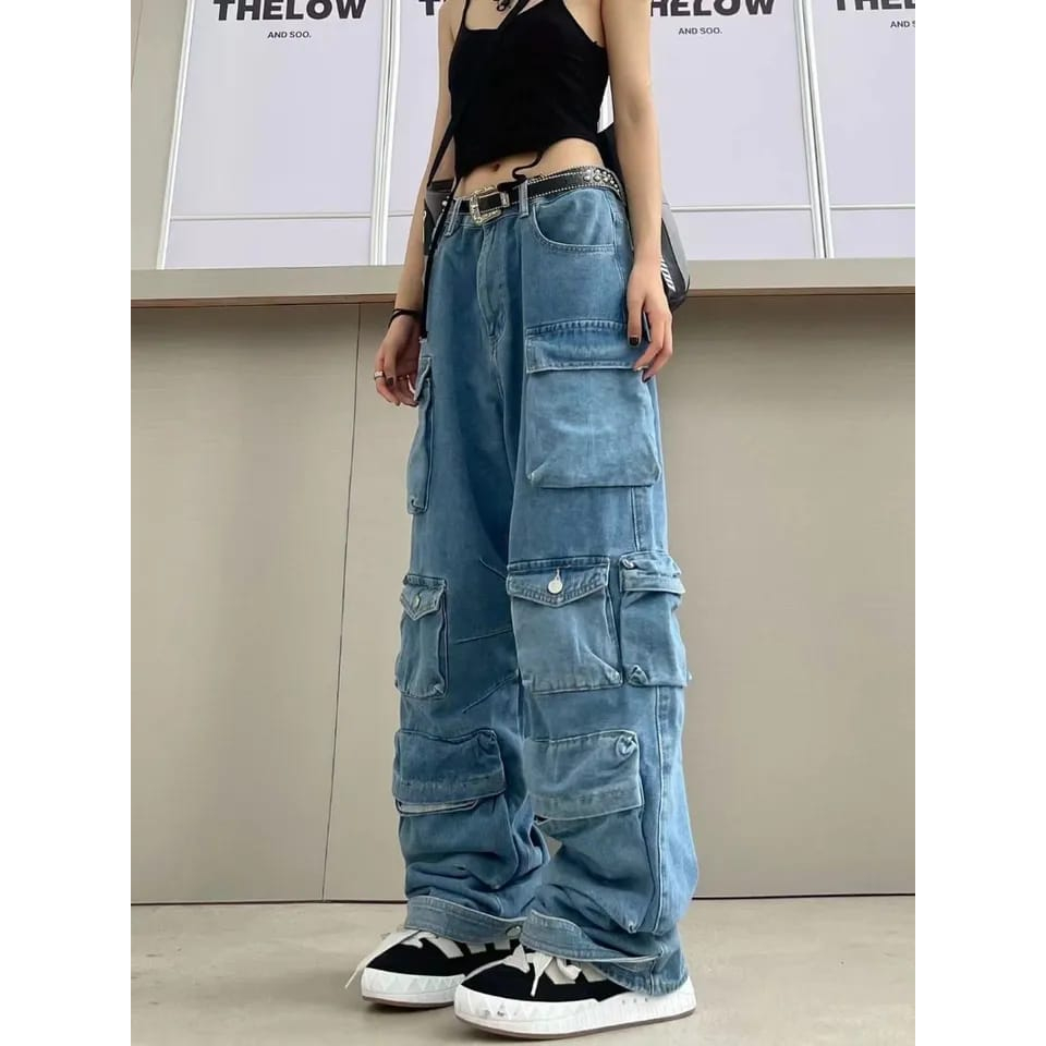 4empat-cargo pants jeans double pocket high waist