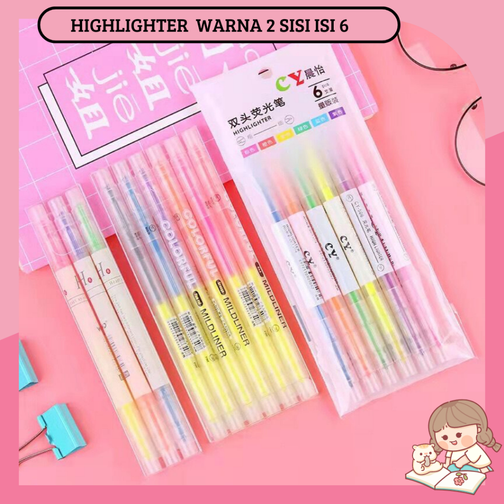 

(ISI 6PCS) 1 SET HIGHLIGHTER WARNA 2 SISI STABILO WARNA STATIONARY STANILO WARNA WARNI