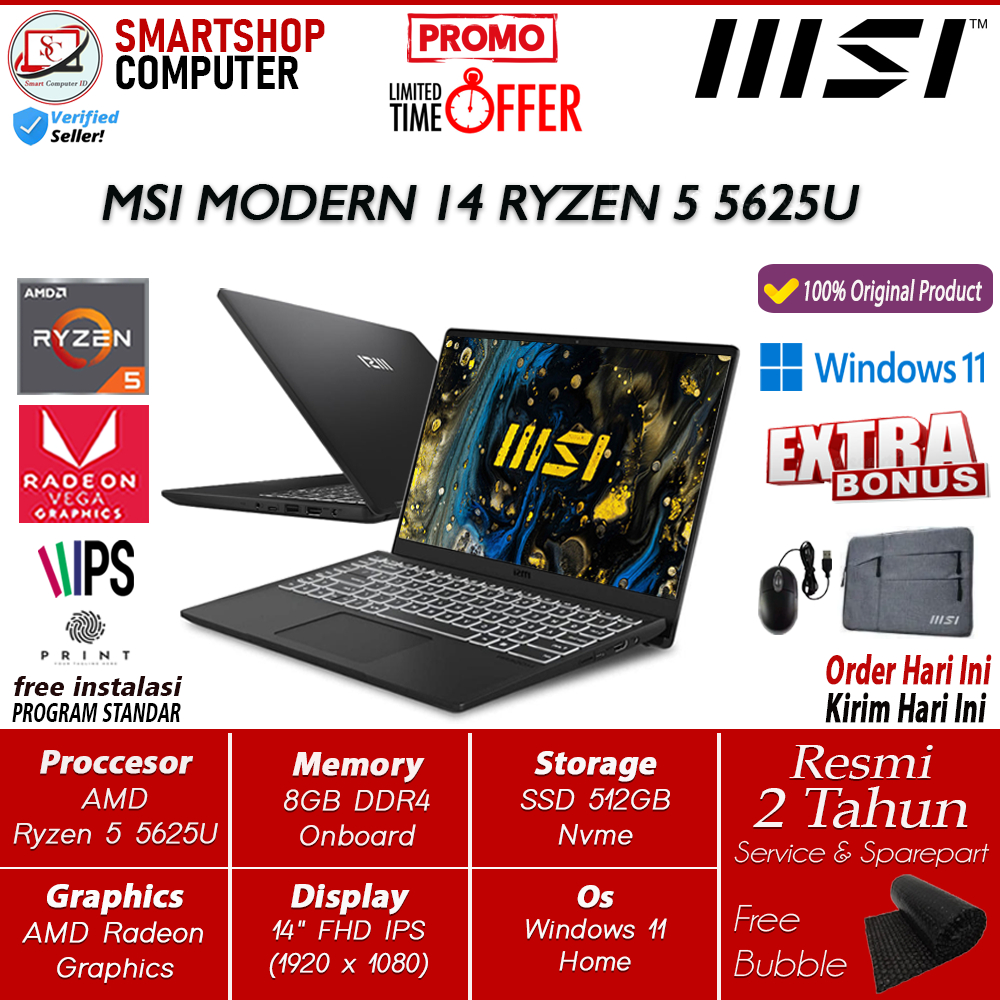 MSI MODERN 14 AMD RYZEN 5 5625U Ram 8GB 512GB SSD 14.0 FHD W11 BKLIT